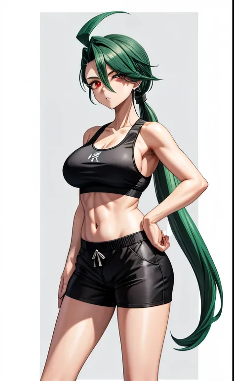 black sports braと黒いショートパンツを着て写真のためにポーズをとるアニメの女性, long green hair woman, Red-eyed woman, ponytail, clothing:black sports bra, cool woman, a woman is standing, Also, playground, outdoor, naughty anime style, sportsbra with an black, shorts with an black, big...