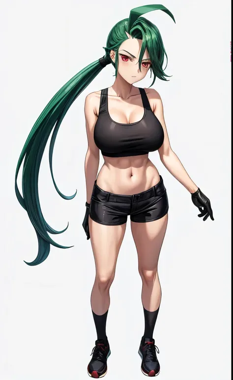 black sports braと黒いショートパンツを着て写真のためにポーズをとるアニメの女性, long green hair woman, Red-eyed woman, ponytail, clothing:black sports bra, cool woman, a woman is standing, Also, playground, outdoor, naughty anime style, sportsbra with an black, shorts with an black, big...