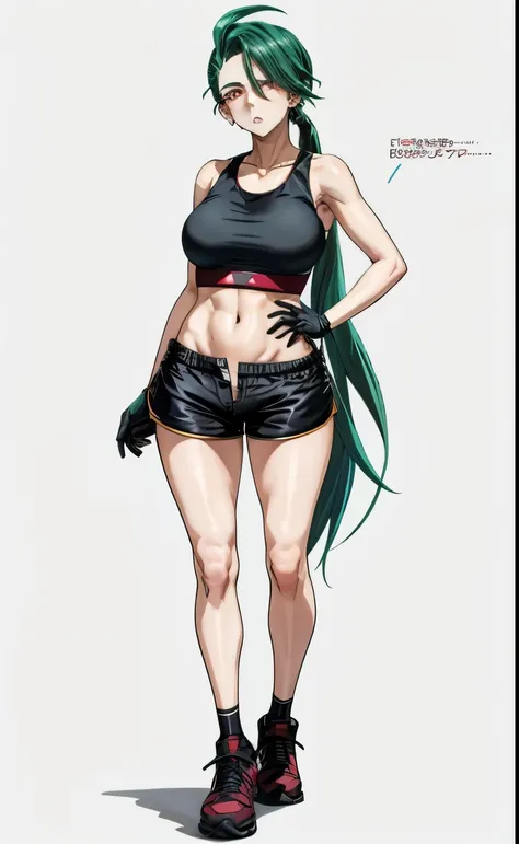 black sports braと黒いショートパンツを着て写真のためにポーズをとるアニメの女性, long green hair woman, Red-eyed woman, ponytail, clothing:black sports bra, cool woman, a woman is standing, Also, playground, outdoor, naughty anime style, sportsbra with an black, shorts with an black, big...