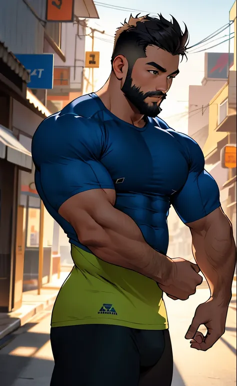 best quality, masterpiece, Indonesian adult male, ultra high resolution, Detailed background, realism, illustration, single, 1 boy, street, muscle, Volumetric lighting, depth of field, beard, Fitness coach, compression shirt