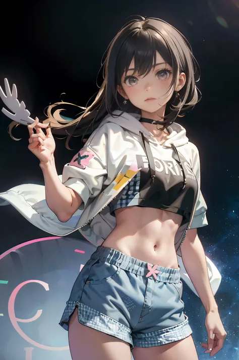 ()，（​masterpiece，Highest Quality），Crop Top Look，Pastel Hoodie，(Gingham Check Shorts)，A dark-haired，Twin-tailed，World of toys