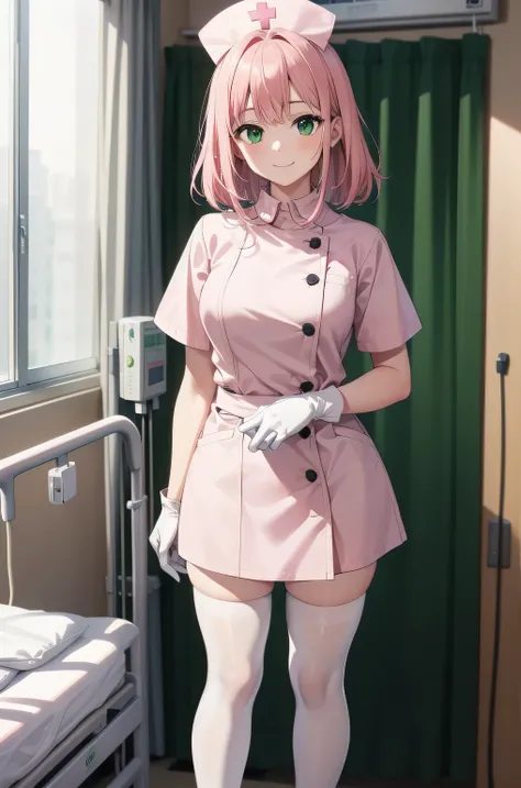 1 girl, alone, nurse, nurse cap, white clothes, ((white legwear, zettai ryouiki)), white gloves, pink hair, green eyes, droopy eyes, smile, Are standing, ((hospital room)), sharp outline, short sleeve, highest quality, masterpiece