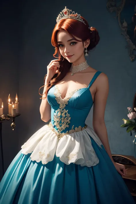 Princesa Belle , estilo Disney, red hair tied into a bun adorned with a small bow, e tiara brilhante, usando um vestido de seda amarelo, segurando flores, corpo todo, olha para cima, posicionado perfeitamente centralizado contra um fundo azul claro sem ado...