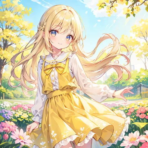 smiling girl wearing a pale yellow skirt、beige hair swaying in the wind、soft fabric、pastel colour、cute girl、warm spring sunshine...