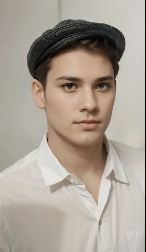 (a man wearing a flat cap hat and a white shirt),detailed eyes,detailed lips,realistic face,sharp focus,crisp details,highres,studio lighting,vivid colors,bokeh,portraits