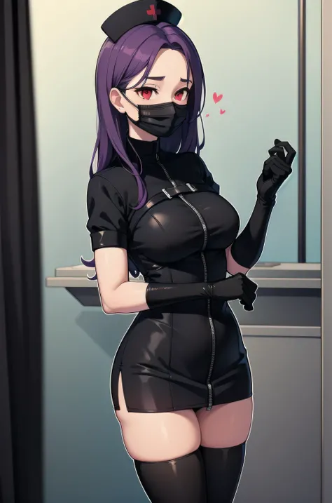 black nurse, 1 female, alone, black nurse cap, Blackware, ((black legwear, zettai ryouiki)), black elbow gloves, long hair, purple hair, red eyes, ((black surgical mask, covered nose)), Are standing, ((operating room)), sharp outline, short sleeve, mature ...