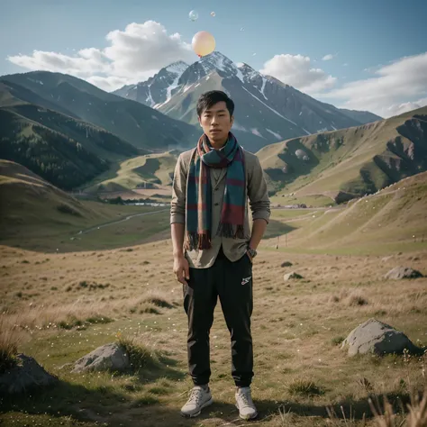 full body, cinematic portrait of an Asian man with short hair, casually dressed, wearing a scarf and shoes, standing in a grassy field with mountains in the background, lonely handsome man,atmospheric portrait, standing in a grassy field and weeds,playing ...