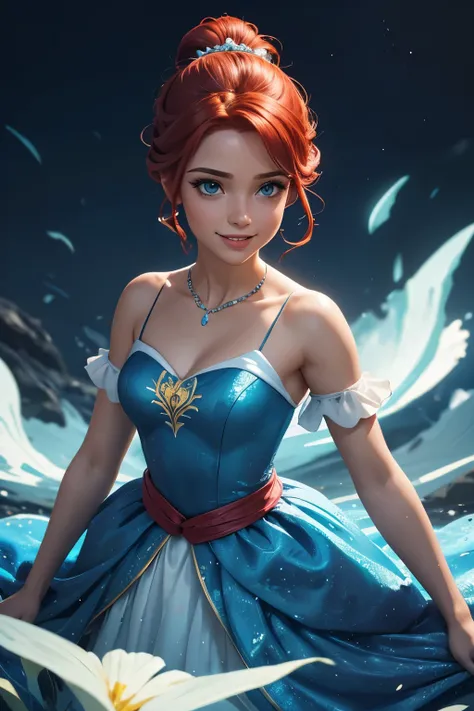 digital illustration, Princesa Belle , estilo Disney, red hair tied into a bun adorned with a small bow, e tiara brilhante, usando um vestido de seda amarelo, segurando flores, corpo todo, olha para cima, posicionado perfeitamente centralizado contra um fu...