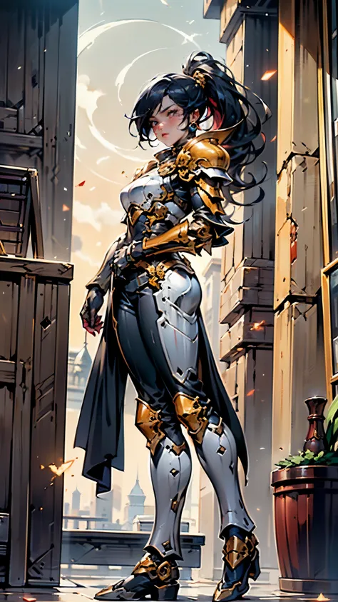 A woman adorned in fantasy-style full-body armor, a crown-concept fully enclosed helmet that unveils only her eyes, a composite layered chest plate, fully encompassing shoulder and hand guards, a lightweight waist armor, form-fitting shin guards, the overa...