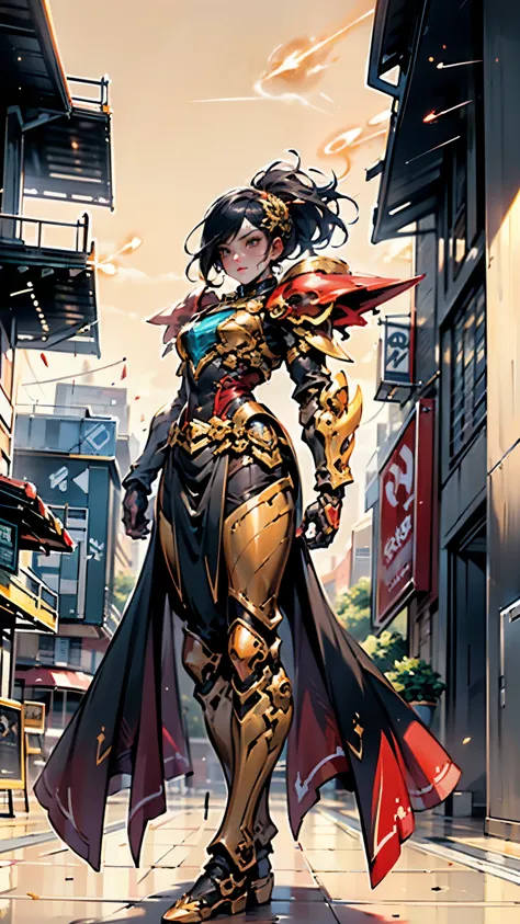 A woman adorned in fantasy-style full-body armor, a crown-concept fully enclosed helmet that unveils only her eyes, a composite layered chest plate, fully encompassing shoulder and hand guards, a lightweight waist armor, form-fitting shin guards, the overa...