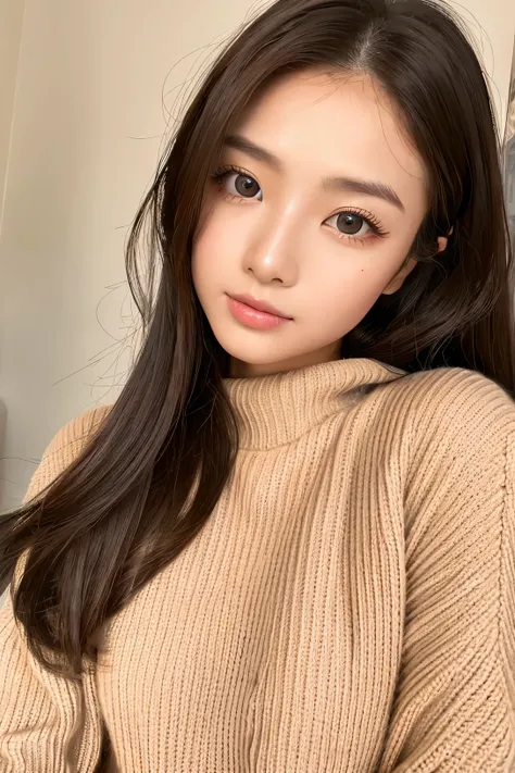 woman、super detailed face、double eyelid, medium hair、No bangs、clear eyes、knit sweater、Glossy skin, small head、whole body
