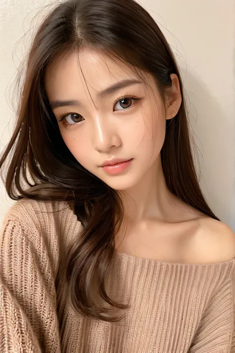 woman、super detailed face、double eyelid, medium hair、No bangs、clear eyes、knit sweater、Glossy skin, small head、whole body
