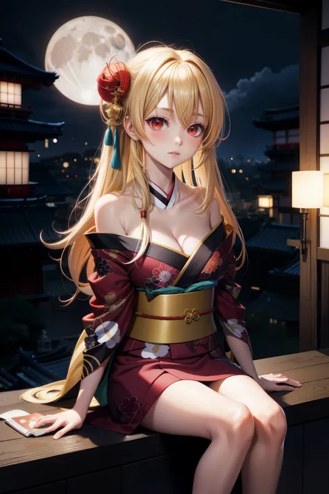 anime, one girl, blonde, Hair is tangled, red eyes, Kyoto, moon, kimono, off shoulder, sitting, alone,