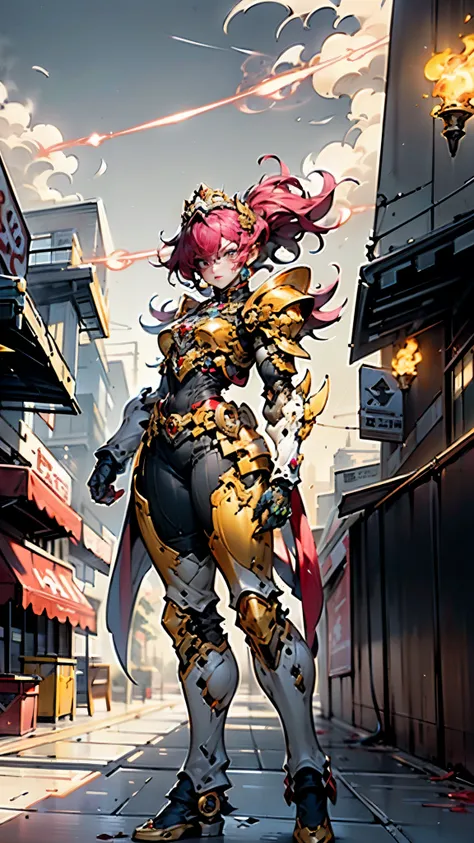 A woman adorned in fantasy-style full-body armor, a crown-concept fully enclosed helmet that unveils only her eyes, a composite layered chest plate, fully encompassing shoulder and hand guards, a lightweight waist armor, form-fitting shin guards, the overa...