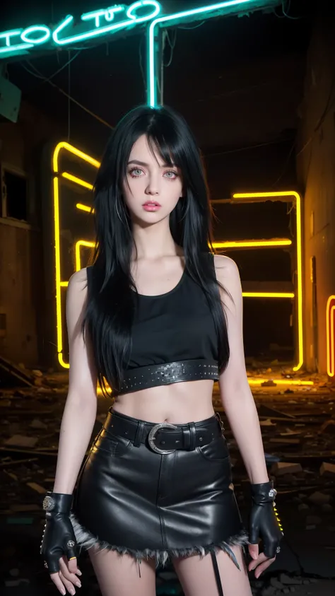 (night), black long fluffy hair, yellow eyes, look punk emo (feather trim sleeveless top,gloves, mini skirt), at the desert, bratz style, (abandoned building, neon light, neon lights in abandoned buildings background, rocks), (realistic:1.2), (masterpiece:...