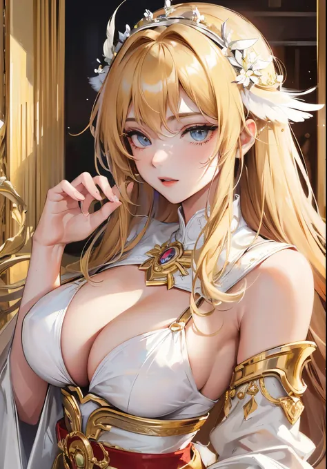 Friga，Eros，Norse mythology，The god of beauty，god of wisdom， Goddess of marriage，Family goddess，Norse gods，Heterochromic pupilom，A MILF，Big breasts wife)，((Seven doppelgangers))，(Noble and elegant blonde hair，Hair mixed with white feathers，)，(Peerless beaut...