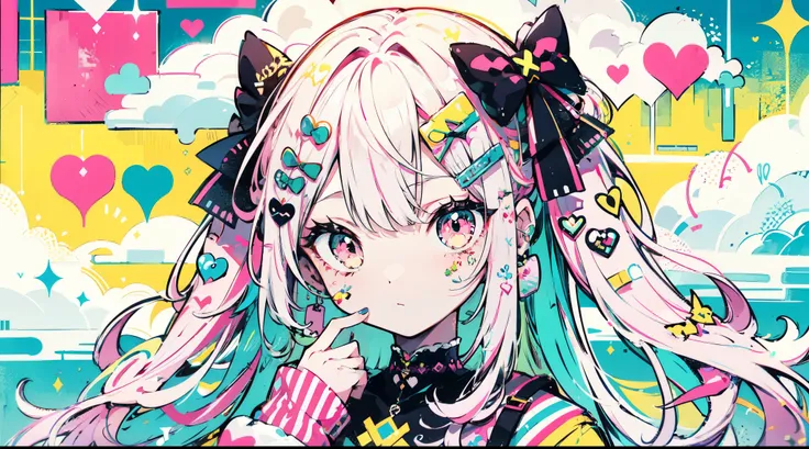 "kawaii, Cute, Adorable girl in pink, yellow, and baby red color scheme. She wears sky-themed clothing with clouds and sky motifs. Her outfit is fluffy and soft, With decora accessories like hair clips. She embodies a vibrant and trendy Harajuku fashion st...