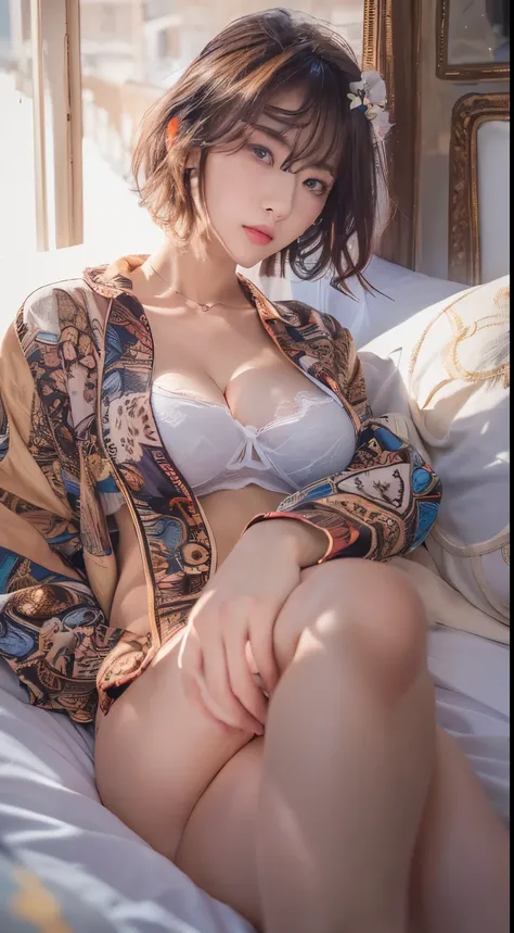 NSFW,((highest quality, 8k, masterpiece :1.3)), 1 girl, pretty woman with thin abs :1.3, (medium short hair, huge breasts :1.2), pajamas:1.1, super detailed face, fine eyes, outside,