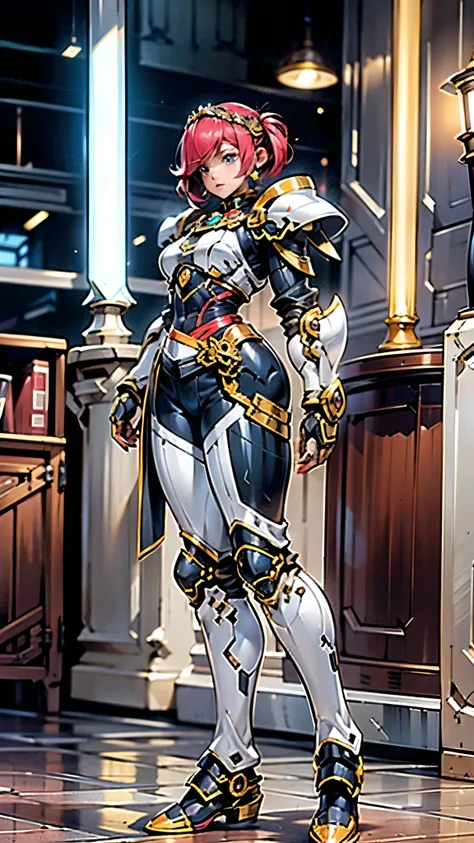 A woman adorned in fantasy-style full-body armor, a crown-concept fully enclosed helmet that unveils only her eyes, a composite layered chest plate, fully encompassing shoulder and hand guards, a lightweight waist armor, form-fitting shin guards, the overa...