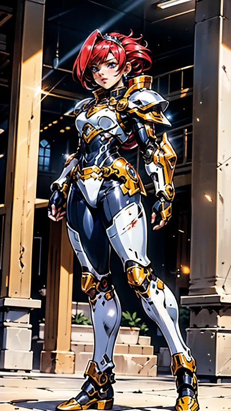 A woman adorned in fantasy-style full-body armor, a crown-concept fully enclosed helmet that unveils only her eyes, a composite layered chest plate, fully encompassing shoulder and hand guards, a lightweight waist armor, form-fitting shin guards, the overa...