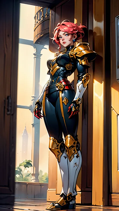 A woman adorned in fantasy-style full-body armor, a crown-concept fully enclosed helmet that unveils only her eyes, a composite layered chest plate, fully encompassing shoulder and hand guards, a lightweight waist armor, form-fitting shin guards, the overa...