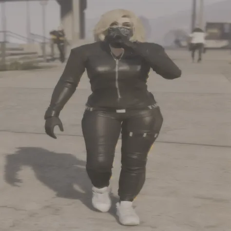 araffe in a black leather Outfit walking on a street, full body x-force Outfit, black leather costume, Full body shot, hyperdetailliert, Katzenfrau, Katzenfrau, wears a black catsuit, Margot Robbie in GTA V, 3d render of Katzenfrau, Tarnanzug, very detaile...