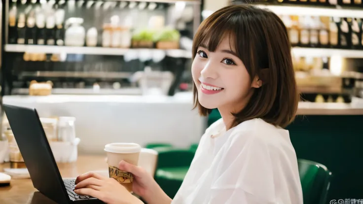 ((最high quality, 8k, masterpiece: 1.3)), perfect face,Inside a stylish cafe in New York、A scene in which a beautiful model-like woman with big breasts is drinking a latte and studying on a laptop.,everything around you, I can see other customers enjoying t...