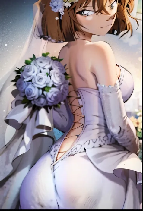 anime bride with bouquet and veil in white dress, guweiz, artwork in the style of guweiz, guweiz masterpiece, magali villeneuve'...