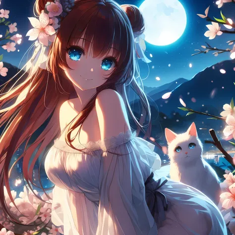 anime girl，long hair，blue eyes，holding a white cat, anime style 4 k, very beautiful anime cat girl, beautiful anime catgirl, nig...