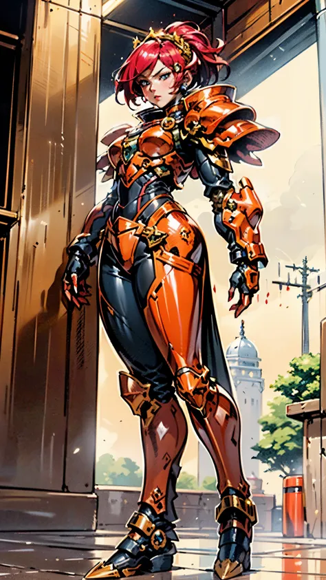 A woman adorned in fantasy-style full-body armor, a crown-concept fully enclosed helmet that unveils only her eyes, a composite layered chest plate, fully encompassing shoulder and hand guards, a lightweight waist armor, form-fitting shin guards, the overa...