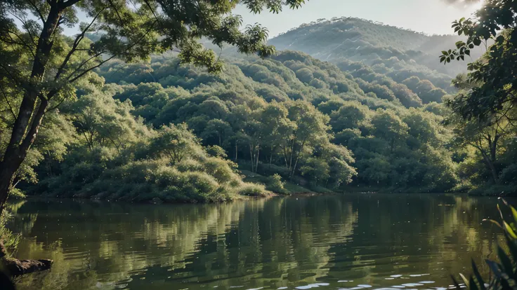 A calm body of water surrounded by lush nature, lush forest area. the lake looks calm and quiet, 周囲を取り囲むそびえ立つwood々Mirror. with this exquisite photo, The pristine lake、wood々shining in the golden sun that penetrates the leaves of。, Creates a fascinating play...