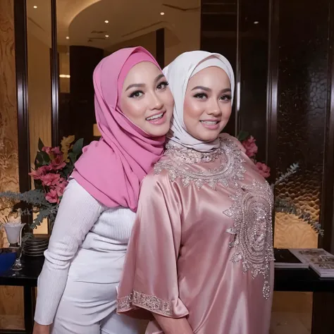 HEAVY BREASTS, Portrait photo of a matured chubby malay girl, curvy, (laughing:1.2), hijab,malaysian, posing, look at a camera, nerd, spectacle, wear pink panties and bra, wearing glasses, full body, room background, big breast,nighttime, backlit, epic rea...
