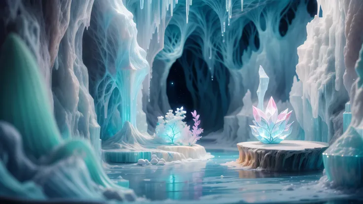 Magic garden miniature scene, delicate ice flower、soft shining crystal、Illuminated by happy smiling miniatures. 8K Autorealist,ice cave、ice furniture