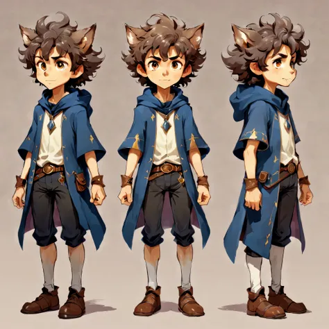 オリジナルキャラクターのdesign sheetを作成します,anime main character,boy,wizard,natural perm,my partner is a wolf,((design sheet,orderly columns,...