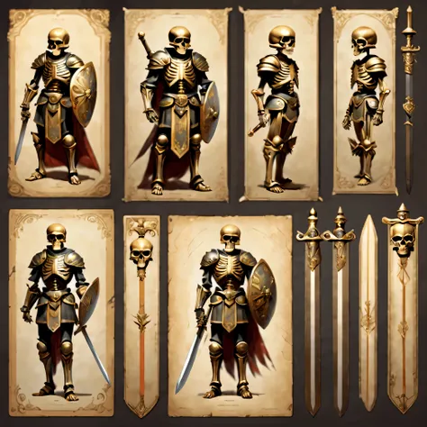 オリジナルキャラクターのdesign sheetを作成します,skeleton warrior,sword and shield,((design sheet,orderly columns,3 views,whole body, background,m...