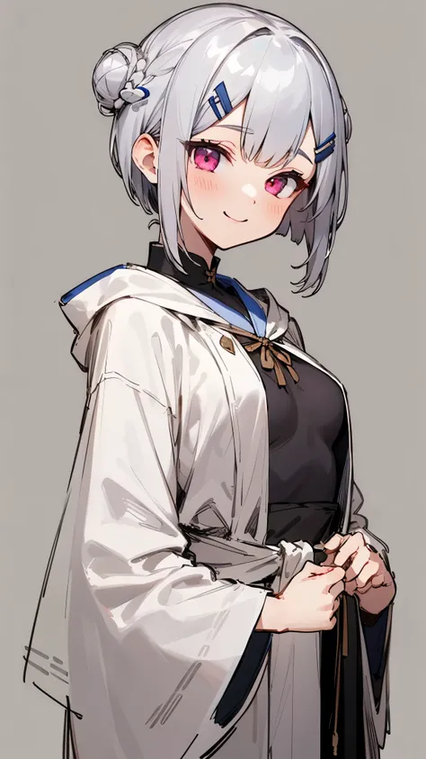 1 girl、straight、Upper body、solo、Silver short bob hair clip tied into a bun、pink eyes、small breasts、smile、robe blanche、line drawing、simple background、white background