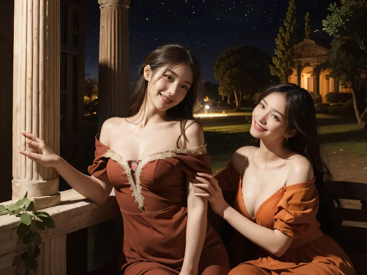 Giorgione&#39;s painting style,Discussion between two female philosophers,math、astronomical machine、astronaut、roses in vase、fruit、Cute trinkets、smile、ancient greek costume、The background is a forest lake at night 、Clothes that stretch your shoulders、A big ...