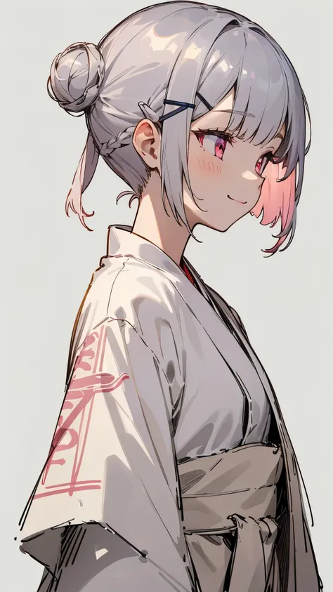 1 girl、straight、Upper body、solo、Silver short bob hair clip tied into a bun、pink eyes、profile、smile、robe blanche、line drawing、simple background、white background