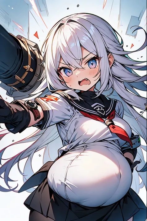 Super detailed illustration、super cute face、(white long hair、pregnant)、(modified black sailor suit)、armband、black medical mask、black gloves、(((aggressive girl)))