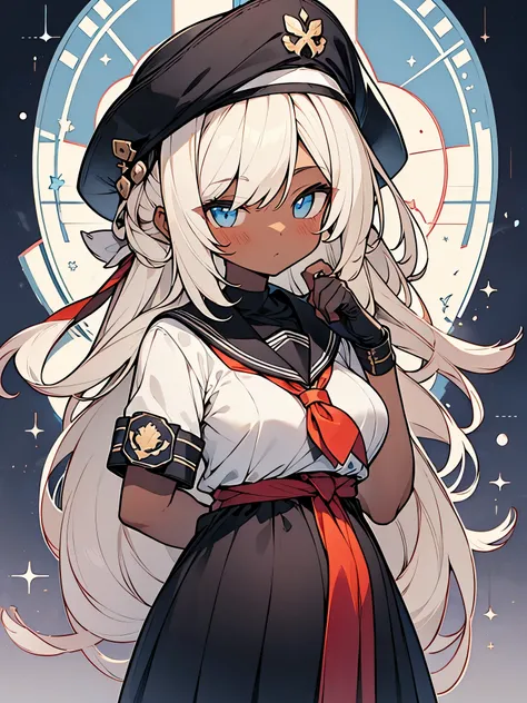 ((Super detailed illustration))、super cute face、white long hair、dark skin、pregnant、modified black sailor suit、armband、black medical mask、black gloves、