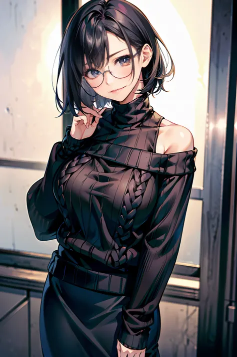 20 year old woman、black hair、very short hair、big smile、cleavage、clothes with open chest、(high top fade:1.3)、dark theme、mute tone、calm colors、high contrast、(natural skin texture、hyper realism、soft light、sharp) 黒のskirt, (青いsweater:1.5), long sleeve, off shou...