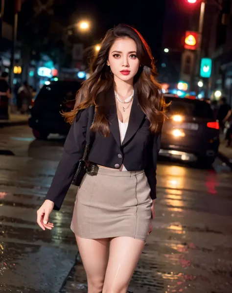 Crowds in the entertainment district at night,neon sign,vulgar shop,brothel,high class female secretary,career woman,black hair,semi-long,korean model,Black Business Suit,black tight skirt,black stockings,long legs,good style,glamorous figure,double eyelid...