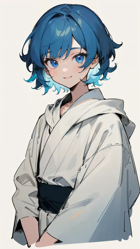 1 girl、straight、upper body、solo、short hair like a boy、dark blue hair、light blue hair band:1.2、blue eyes、smile、robe blanche、line ...