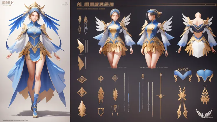 3d characters，Female character design sheet, detailed anatomy，Anatomy diagram：arms、headgear、clothing、不同的arms、wing。（role conception表:1.5）role conceptiotomical complexity，streamline，HD quality，Element combinations，Rich colors。