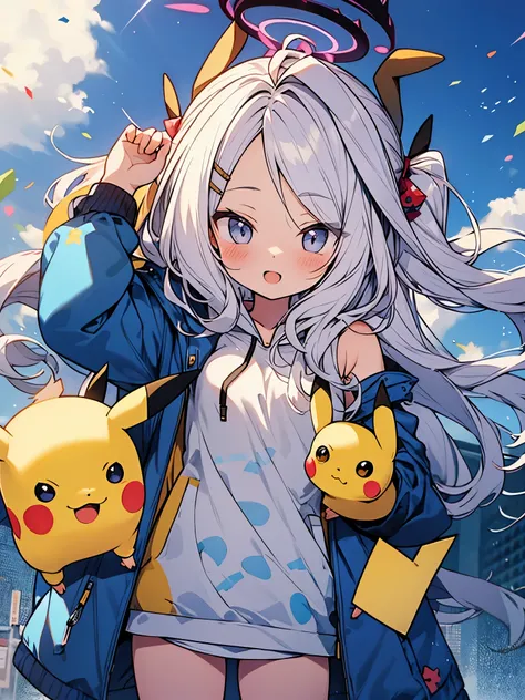 super cute face,cool,halo,pikachu printed hoodie,standing,pikachu ears、