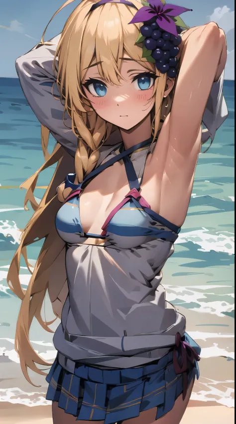 ((masterpiece,best quality)), 1girl, (:1.3), solo, long hair, very long hair, looking at viewer, small breasts, braid, ahoge, hairband, fruit, side braid, iris, hair ornament, grape hair ornament, standing, (cute bikini, bikini on beach), (beach background...