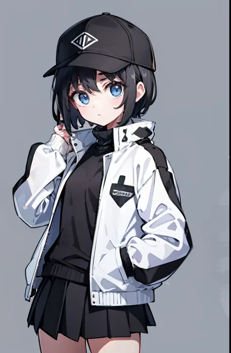 1 girl, alone, blue eyes, (((fine eyes))), flat chest, short hair, black hair, baseball cap, white hat, (waterproof jacket), lar...