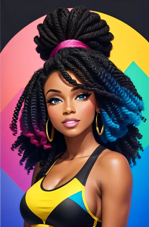 (A BEAUTIFUL BLACK WOMAN, HAPPY HAIR, VERY CURLY AND VOLUMINOUS, WITH THE TIPS LIGHT, WITH A GOOD CUP OF COFFEE COMING OUT SMOKE IN HER HAND;, Beautiful cup ,Coloridas ,pink and blue and yellow WRITTEN WE COOFFE IN THE CUP ),  Eduardo Kobra ,Romero Brito,T...