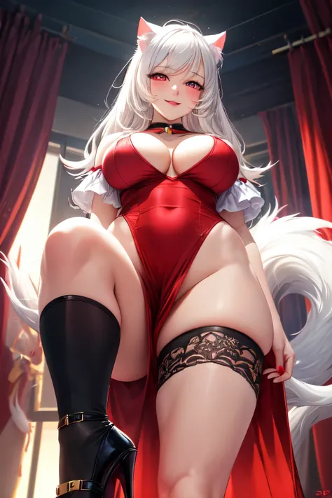 ((best quality)), ((masterpiece)), (detailed), perfect face, white hair, white cat ears, white cat tail, DD cup breasts, thick thighs, crazy love eyes, glowing red eyes, short dress, cleavage showing, smirking, high heels, view from below, standing, demon ...