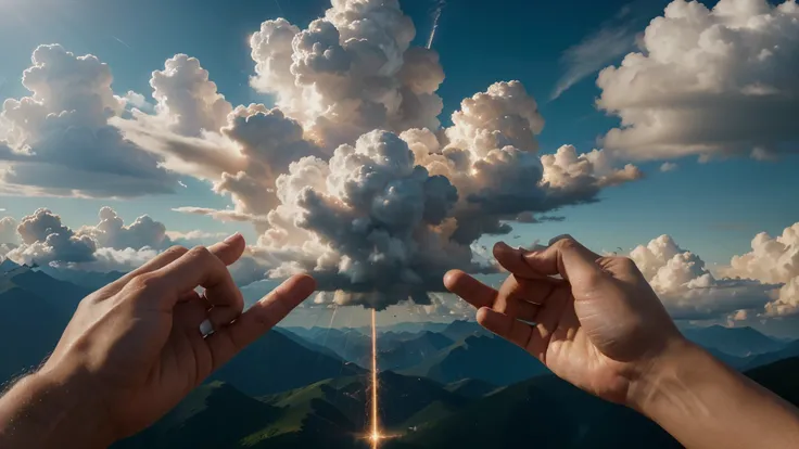 Create a hyper-realistic and highly detailed visual representation of an awe-inspiring scene. Picture a divine hand, intricately crafted from clouds (cloud-formed), emerging majestically from the sky. This ethereal hand, with precisely formed fingers (five...